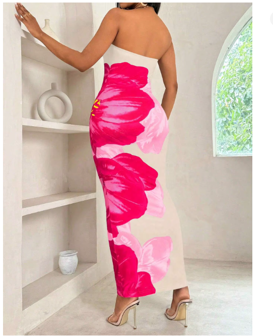 Women Strapless Floral Bodycon Maxi Dress Side Slit Going Out Summer