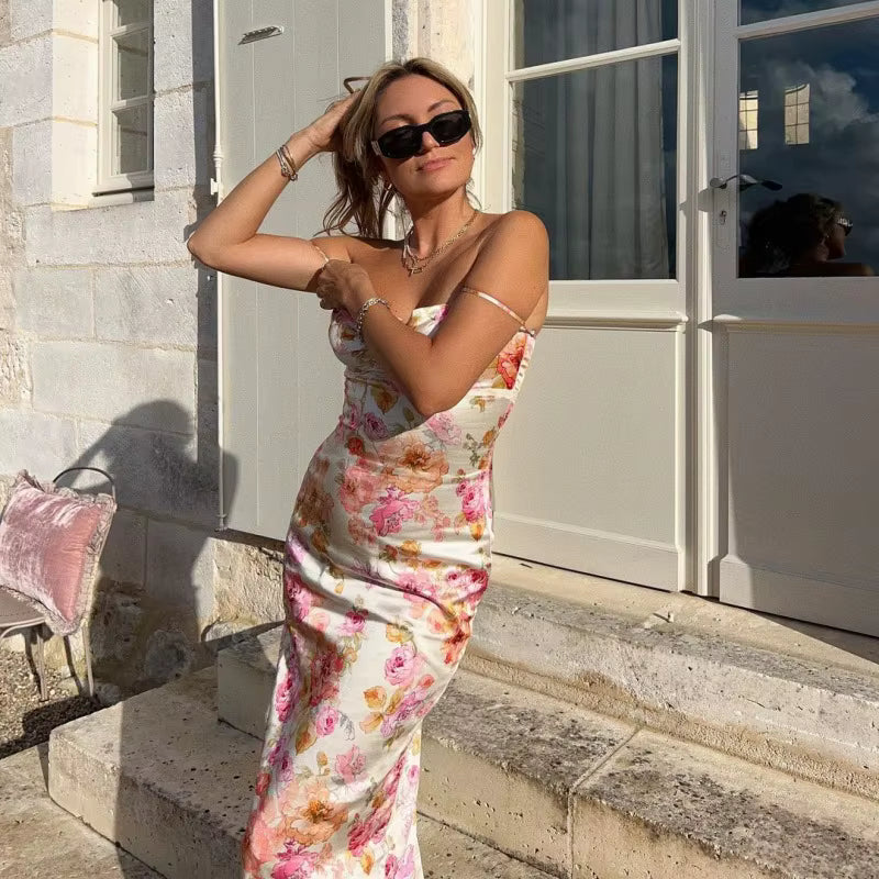 Women Floral Bodycon Maxi Dress Spaghetti Strap