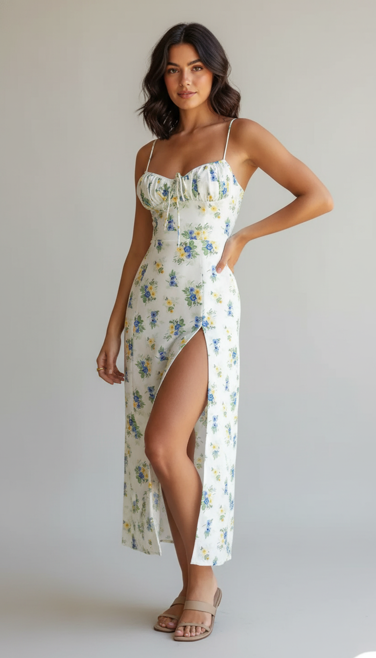 Floral Ruched Halter Midi Dress