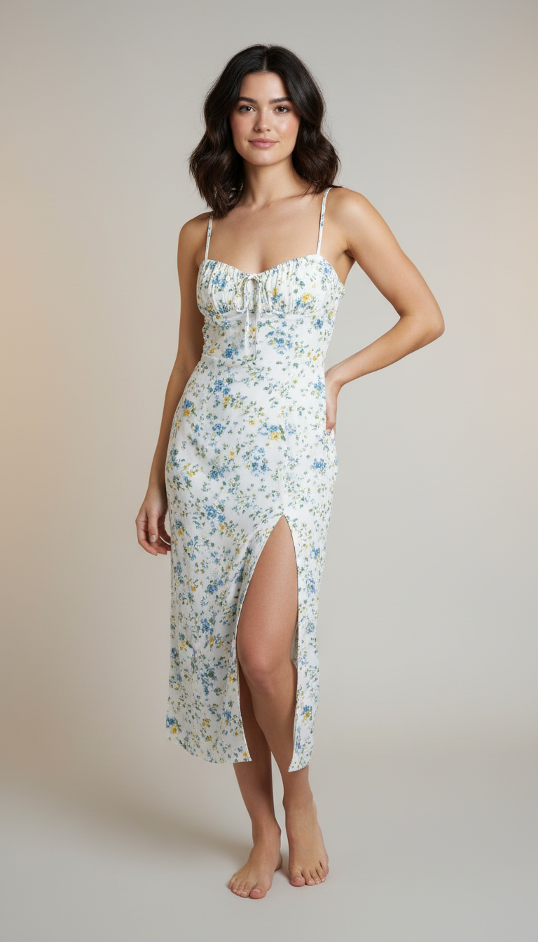 Floral Ruched Halter Midi Dress