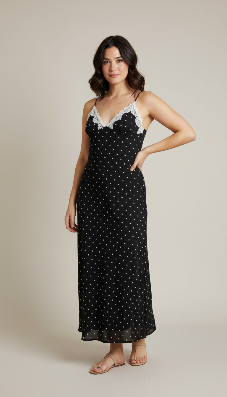 Polka Dot Lace Trim Maxi Dress