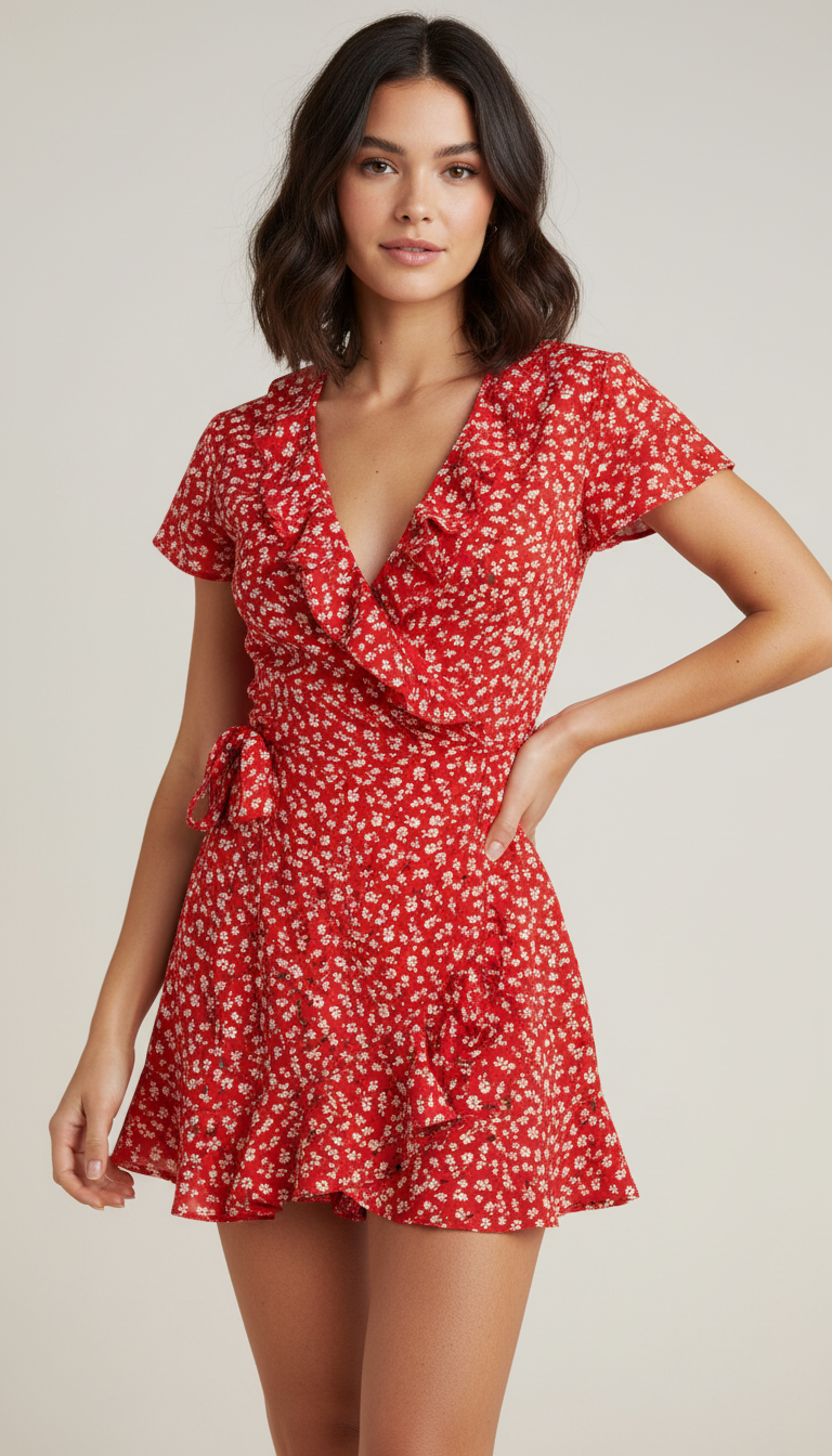 Red Floral Wrap Mini Dress