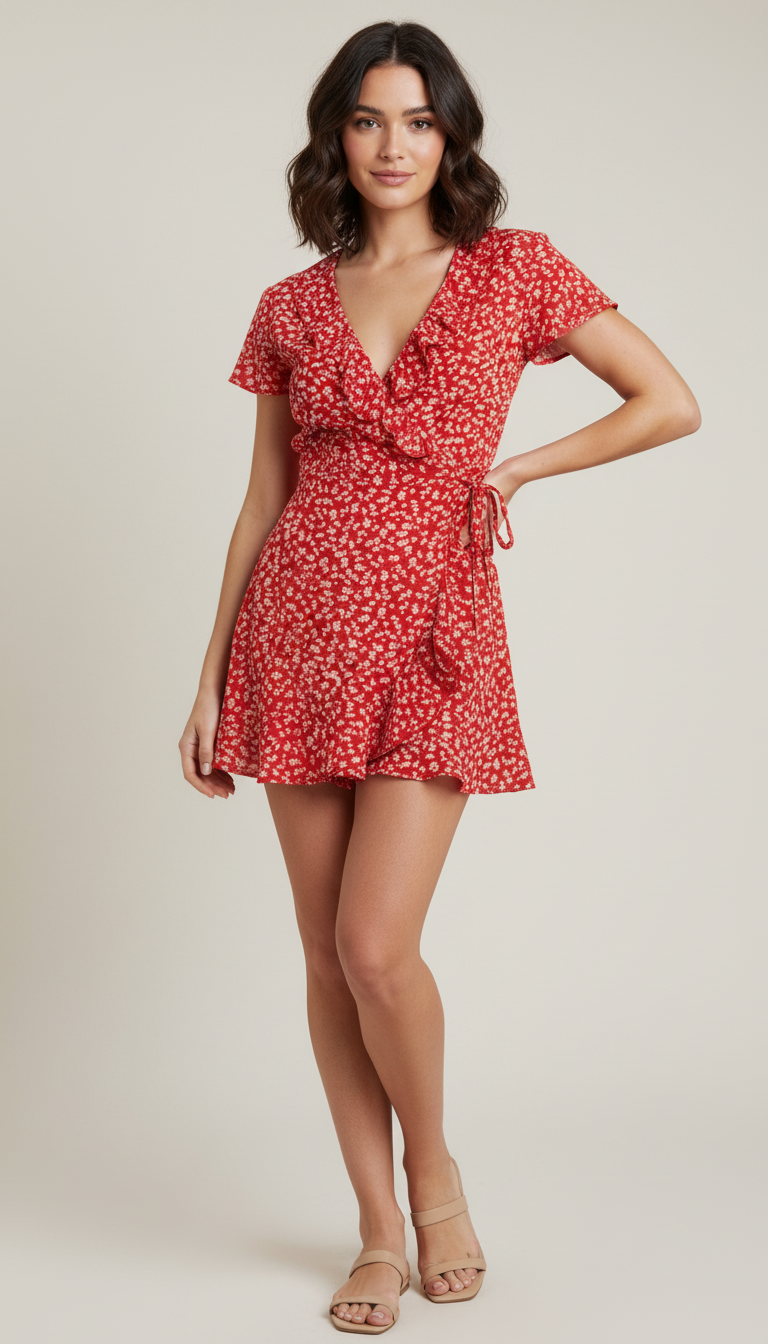 Red Floral Wrap Mini Dress