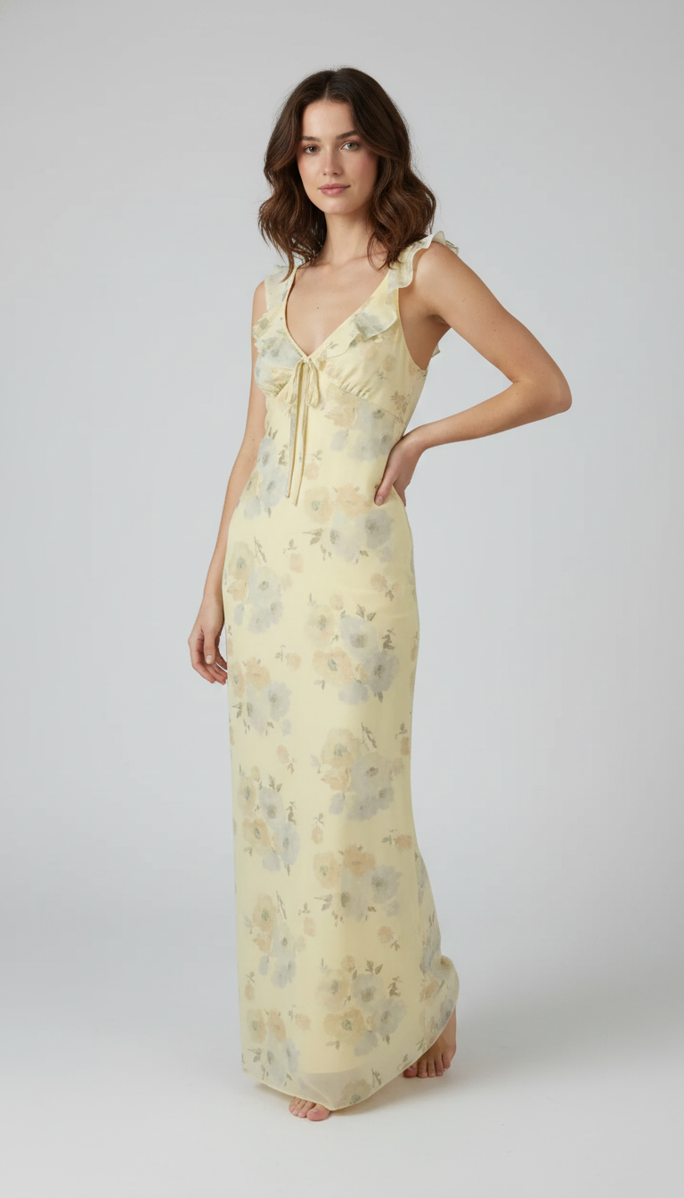 Floral Maxi Slip Dress — V-Neck High Waist Sleeveless