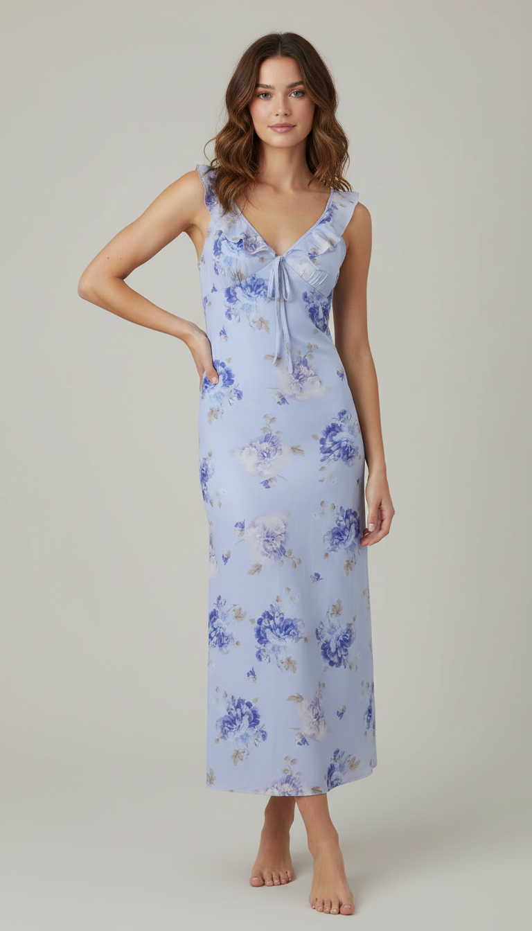Floral Maxi Slip Dress — V-Neck High Waist Sleeveless