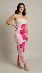 Women Strapless Floral Bodycon Maxi Dress Side Slit Going Out Summer