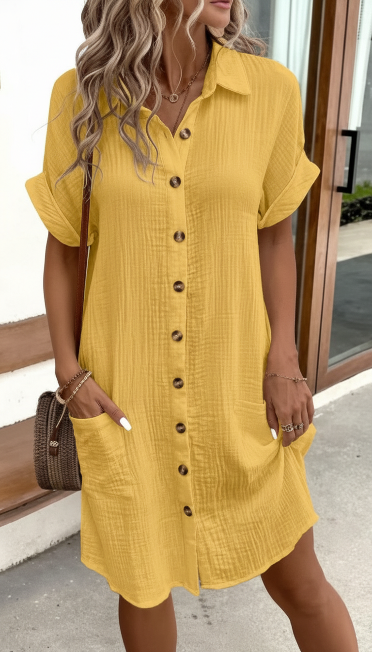 Women Linen Button Down Mini Dress Summer Casual